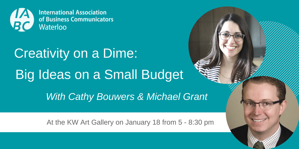 iabcwaterloo's tweet photo. Join us at the @kwartgallery for our first event of the year, Creativity on a dime. Presenters @Mike_J_Grant and @chasingks from @csmls go through first-hand experience on delivering big ideas on modest budgets! Tickets: https://t.co/gUcq920U8P    #CreativityOnaDime https://t.co/JNZg4rjmSa