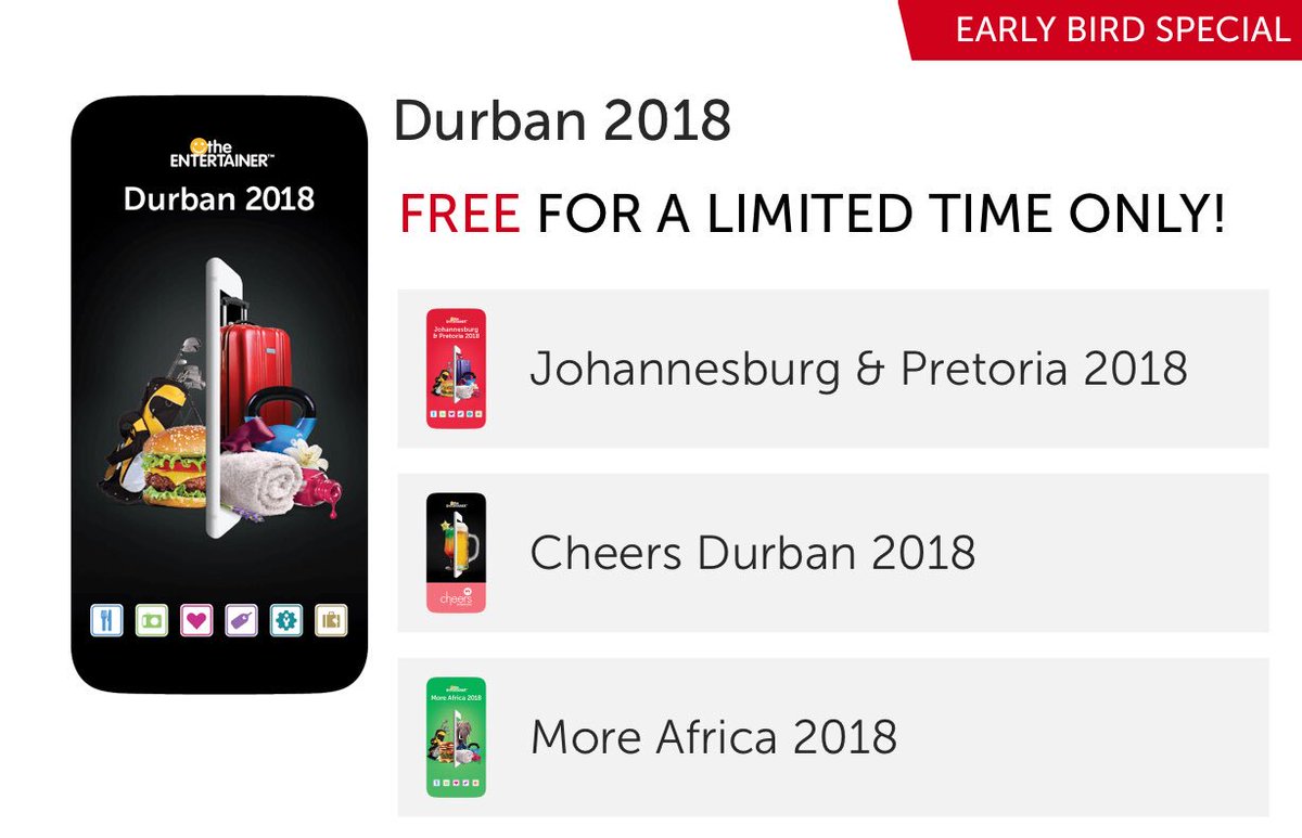 JoBrettAD's tweet photo. Buy your DURBAN #Entertainer2018 at the AMAZING early bird price, choose a FREE add-on and use promo code EXPAT2018 to enter the prize draw to win a #Phantom4drone, #GoProHERO4 or an #AmazonEcho @EntertainerGCC #Durban #EXPAT2018 #earlybird #savewithasmile https://t.co/isVCBdABOx