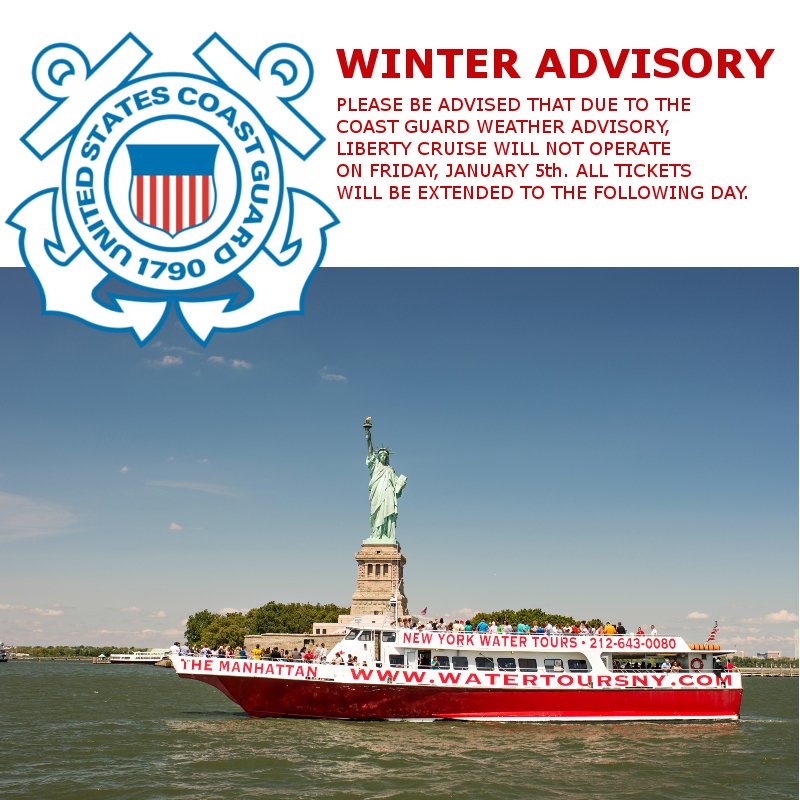 Please be advised that due to the US Coast Guard weather advisory, Liberty Cruise will not operate on Friday, January 5th. All Liberty Cruise tickets will be extended for the following day. #libertycruise #safety #winter #nyc #statueofliberty