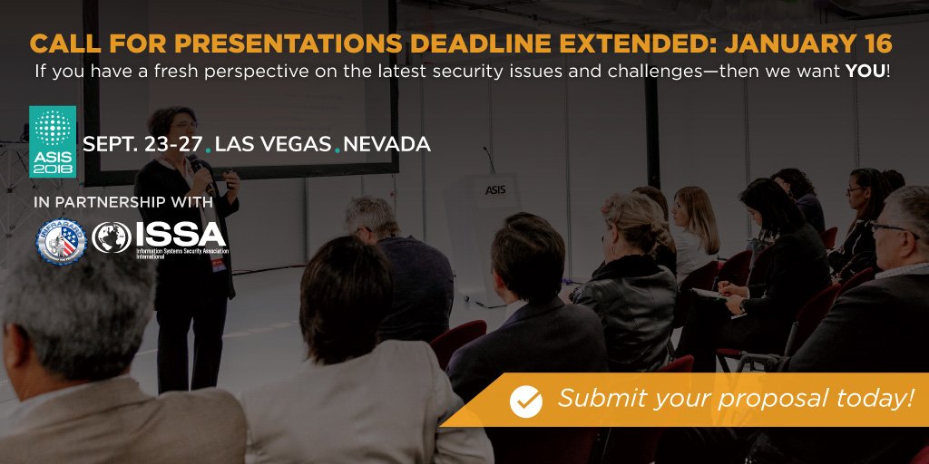 ASIS_Intl's tweet photo. #ASIS18 Call for Presentations deadline has been extended 1 week! Don't miss your chance to speak at the world's premiere #security event. https://t.co/JolwGQJlmG https://t.co/l3zuOwIE3Y
