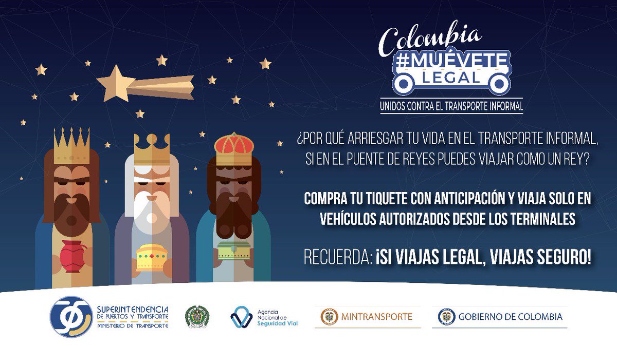 Supertransporte's tweet photo. En el puente de reyes, recuerda que viajar legal es viajar seguro: acércate a los terminales de transporte y viaja como un rey. ¡No permitas que el oro, el incienso y la mirra se queden sin llegar a su destino por llevarlos en transporte informal! 👼 ¡Colombia, #MuéveteLegal! 👍 https://t.co/QAkENnIuqC