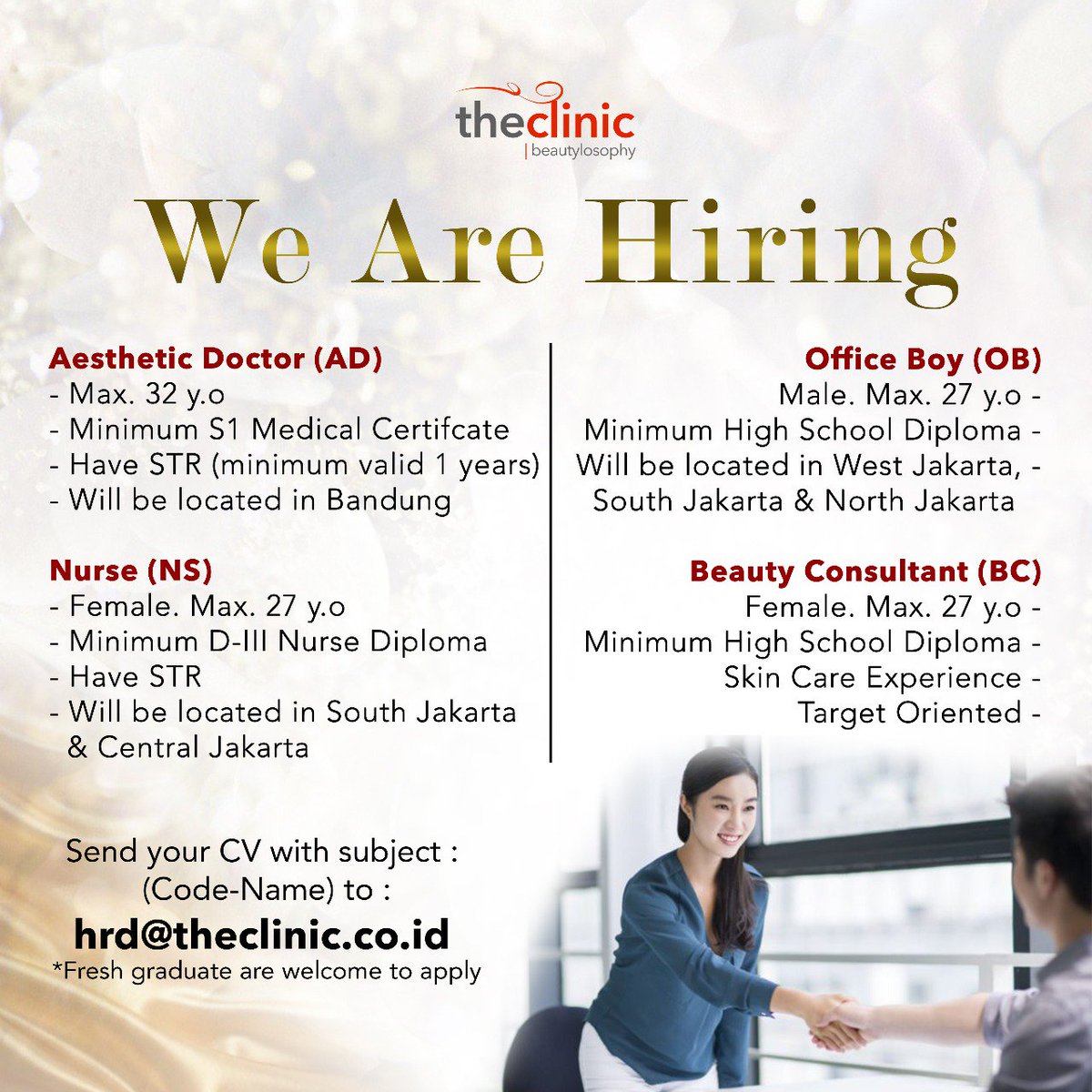 ASK EVENT (@ask_event) on Twitter photo We Are Hiring
Send your CV with Subject: (Code-Name)
E-mail to: hrd@theclinic.co.id
Get ready to be a part The Clinic Beautylosophy
🌏 theclinicindonesia.com We Are Hiring
Send your CV with Subject: (Code-Name)
E-mail to: hrd@theclinic.co.id
Get ready to be a part The Clinic Beautylosophy
🌏 theclinicindonesia.com