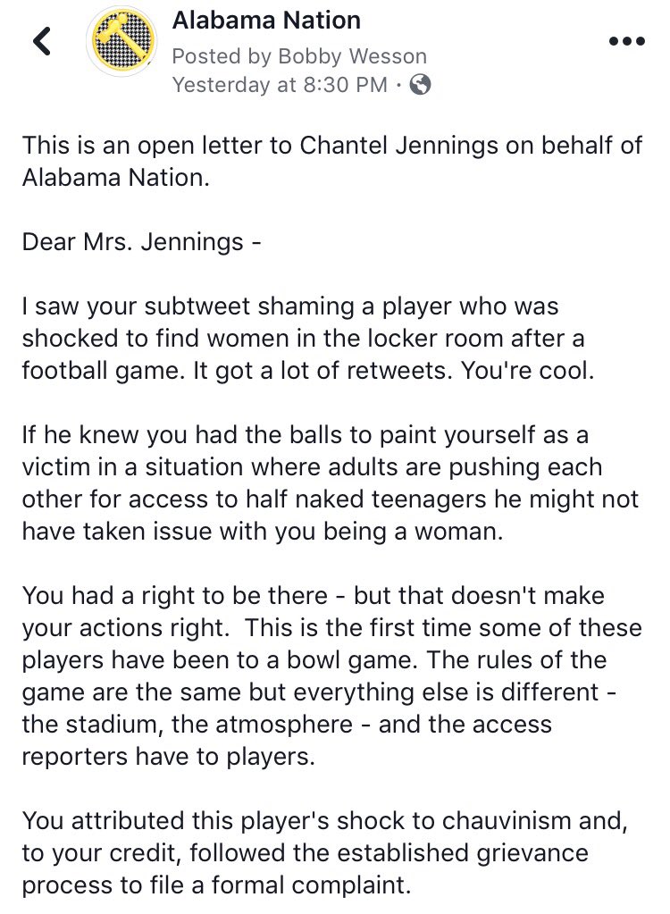 trolltide_'s tweet image. This is an open letter to Senior Sportswriter @ChantelJennings of @TheAthleticCFB on behalf of Alabama Nation in regards to her ⬇️ (sub)tweet at an Alabama football player. Dear Mrs. Jennings- -