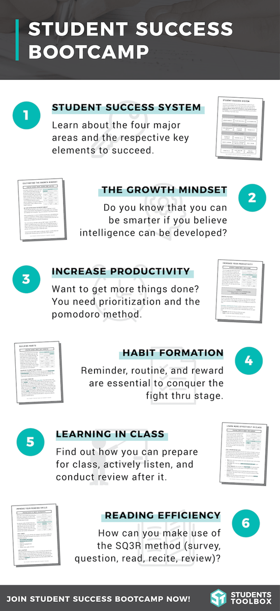StudentsToolbox's tweet photo. Want to learn more about  how to study smarter and be more productive?  Join the free Student Success Bootcamp on Students Toolbox! https://t.co/8AF92Ea4DM https://t.co/WrwS8ppY8F