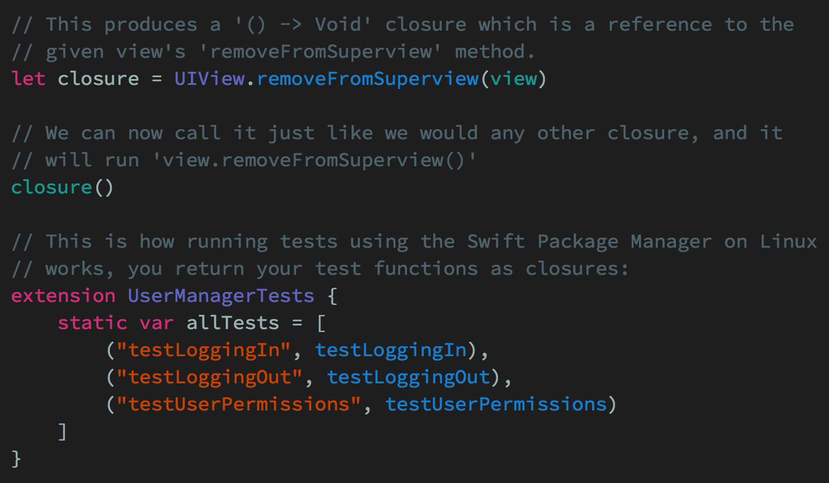 johnsundell's tweet image. In Swift, you can call any instance method as a static function and it will return a closure representing that method 😎 This is how running tests using SPM on Linux works 👍

More about this and other ways to have fun with functions in this week's blog post, coming Sunday 😀