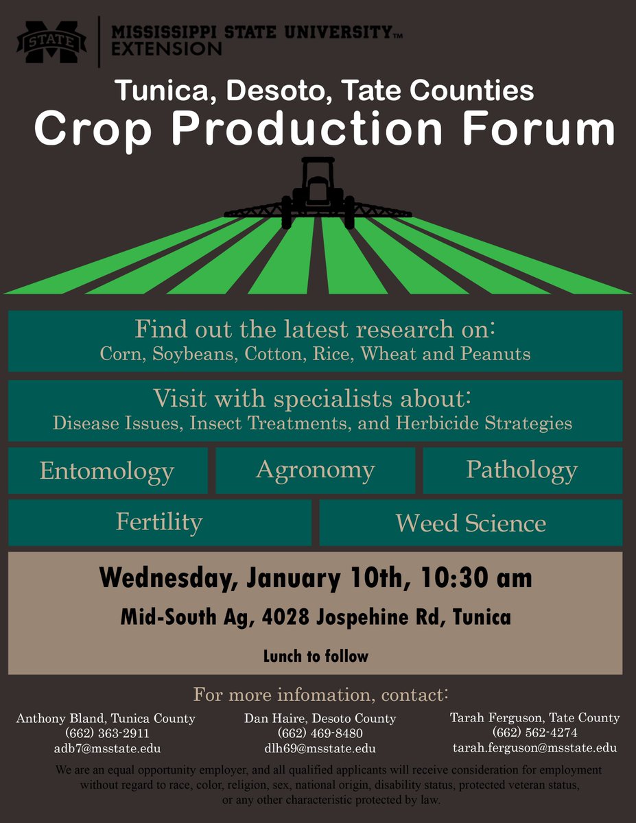 TateCountyExt's tweet image. Lots of #mscrop meetings coming up soon for Tate, Desoto, &amp;amp; Tunica Counties. Be sure to join us! #MSUext