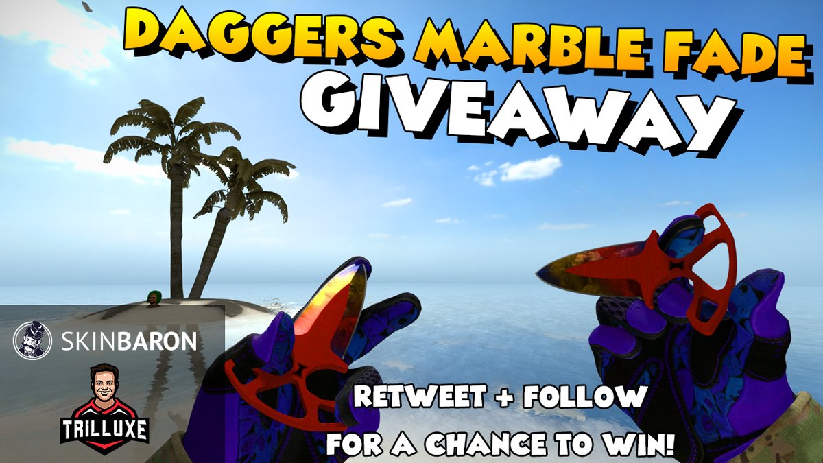Matthewsnider9's tweet photo. Giving away SHADOW DAGGERS MARBLE FADE FN together with @SkinBaronDE 😄 Retweet and follow for a chance to win, winner will be drawn in ~ 2 weeks!
Also be sure to check out marketplace Skinbaron: https://t.co/mIZhLsnex5 by #AlmirCSGO via @c0nvey https://t.co/3ryWTKTzJG