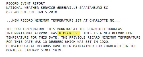 wxbrad's tweet photo. After further review between 7-8am we did drop to 8° this morning which is a new record low for #Charlotte. Also the coldest temp in Charlotte since 2015 when we hit 7°. #cltwx https://t.co/9bbDej3hCB