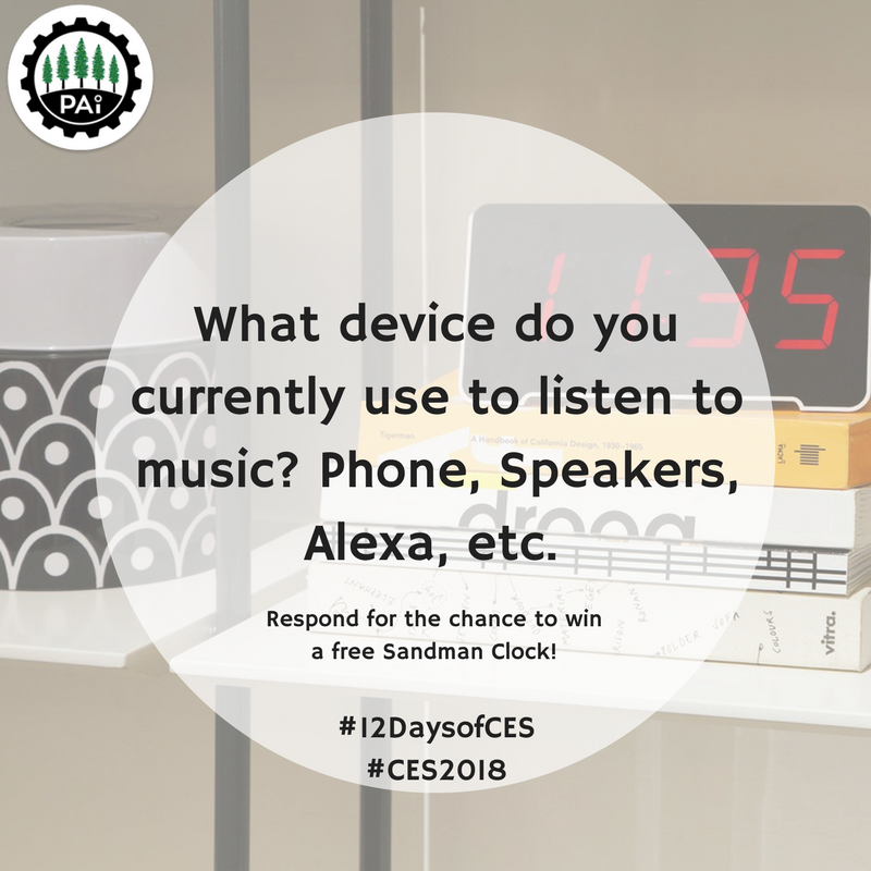 paltoinnovation's tweet photo. What device do you currently use to listen to music? Phone, Speakers, Alexa, etc. (winners must be attending CES to pick up their Sandman Clock at our booth) #12DaysOfCES #CES2018 #Giveaway https://t.co/JitsXO4FeF