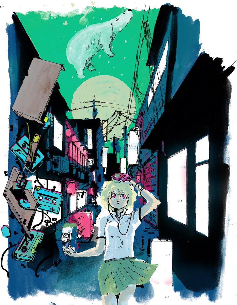 その昔、いつもイライラしながら絵を描いていたら「この人の絵はイライラしていて、自分よりイライラしてる人を見ると気持ちが落ち着くような安心感がある（意訳）」という言葉をいただいた。
あーそれでいいんだなーと気づかされ、今でも絵を描く… 