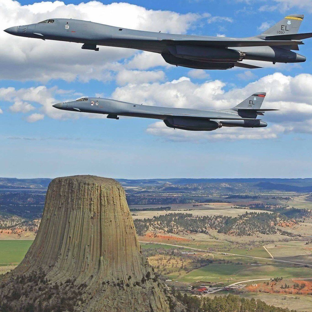 B-1Bs flying over the Devils Tower in Wyoming.