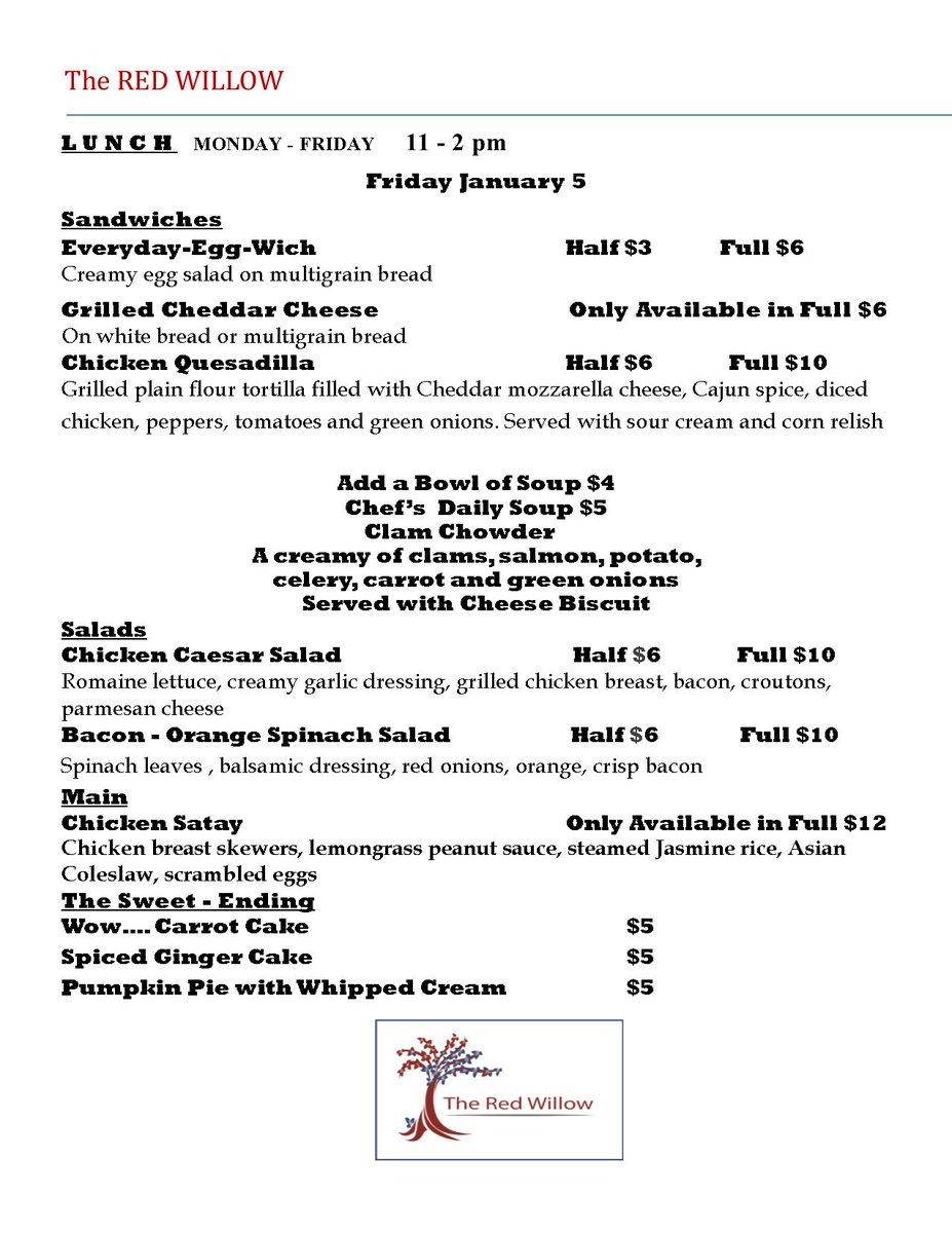 Friday's fabulous Red Willow lunch menu :)  Join is 11am-2pm, 7 Tache St.  Red Willow Place #stalbert