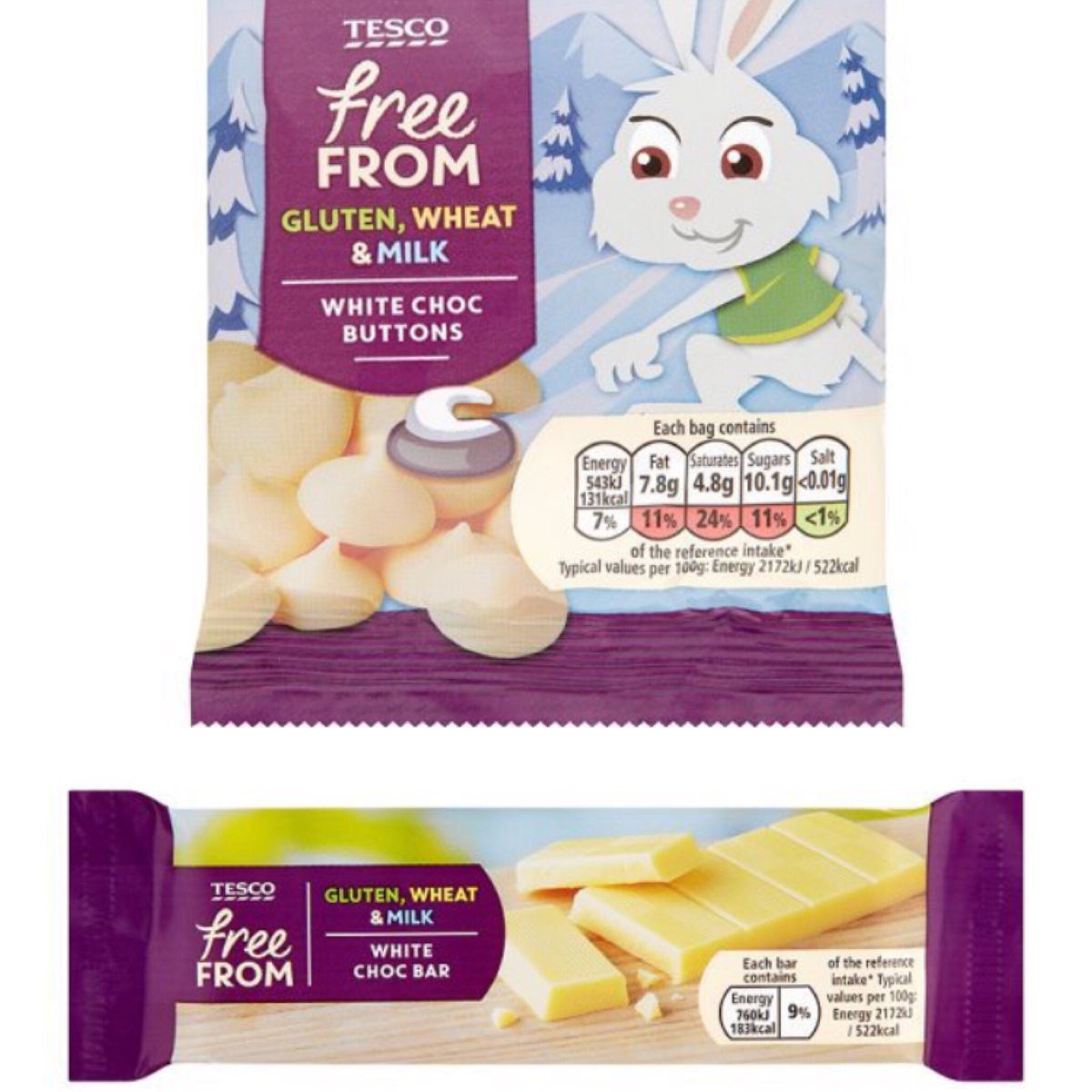 Tesco free from white choc buttons/bar and vegan mini milks!!  vegan marshmallows that taste like flumps! And choccy honeycomb from Asda 