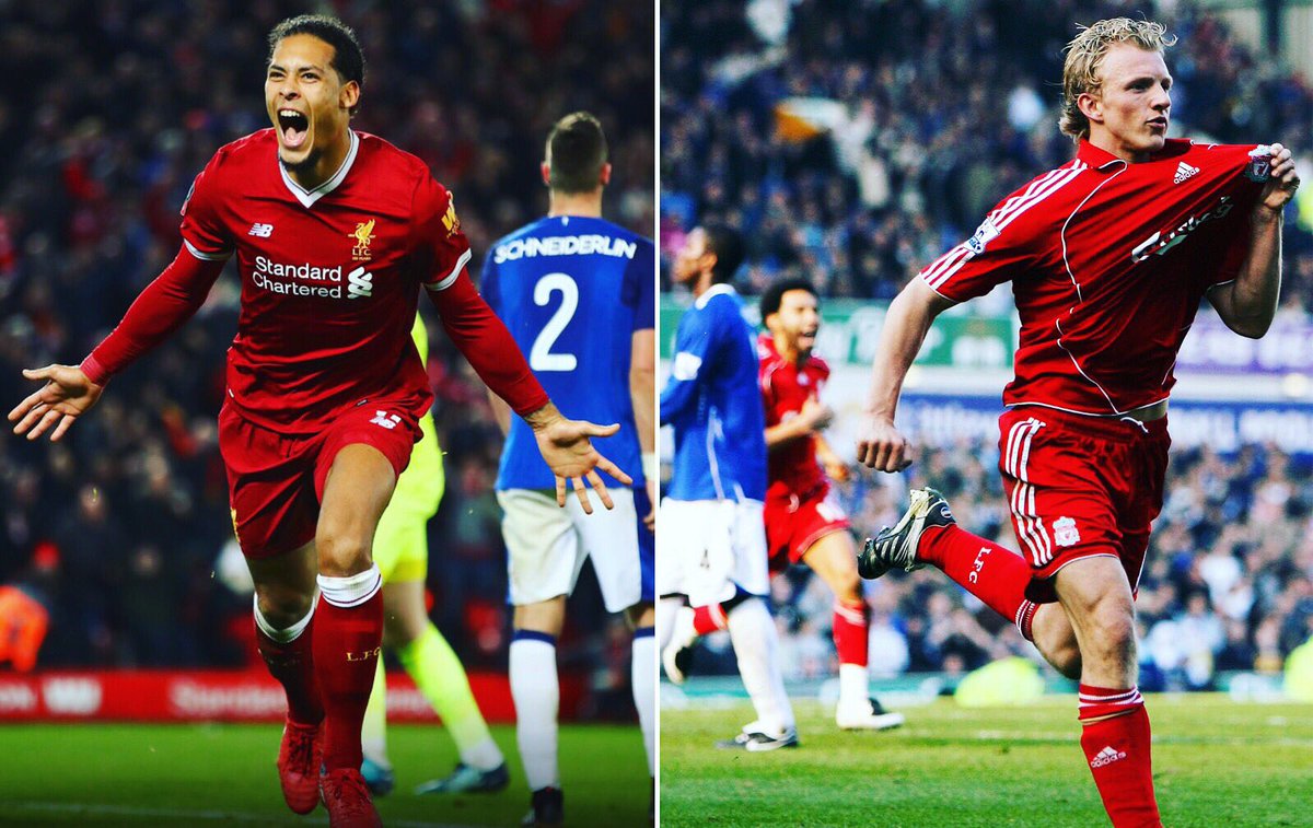 Kuyt's tweet image. This is how we do it in the Merseyside derby 😉 Congratulations on a great debut Virgil van Dijk 💪🏻💪🏻💪🏻 #Liverpool #LFC
