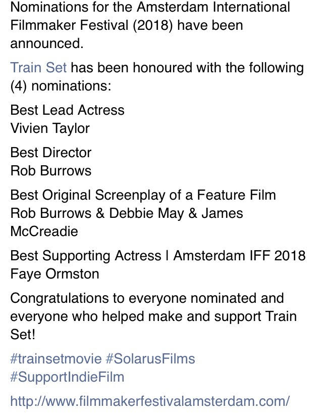 TrainSetMovie's tweet photo. We have even more news to share with you about @TrainSetMovie We have been selected for @FilmFestInt Amsterdam and have received four nominations! Congratulations Everyone! #trainsetmovie #solarusfilms #supportindiefilm https://t.co/oWGTkAWtL1