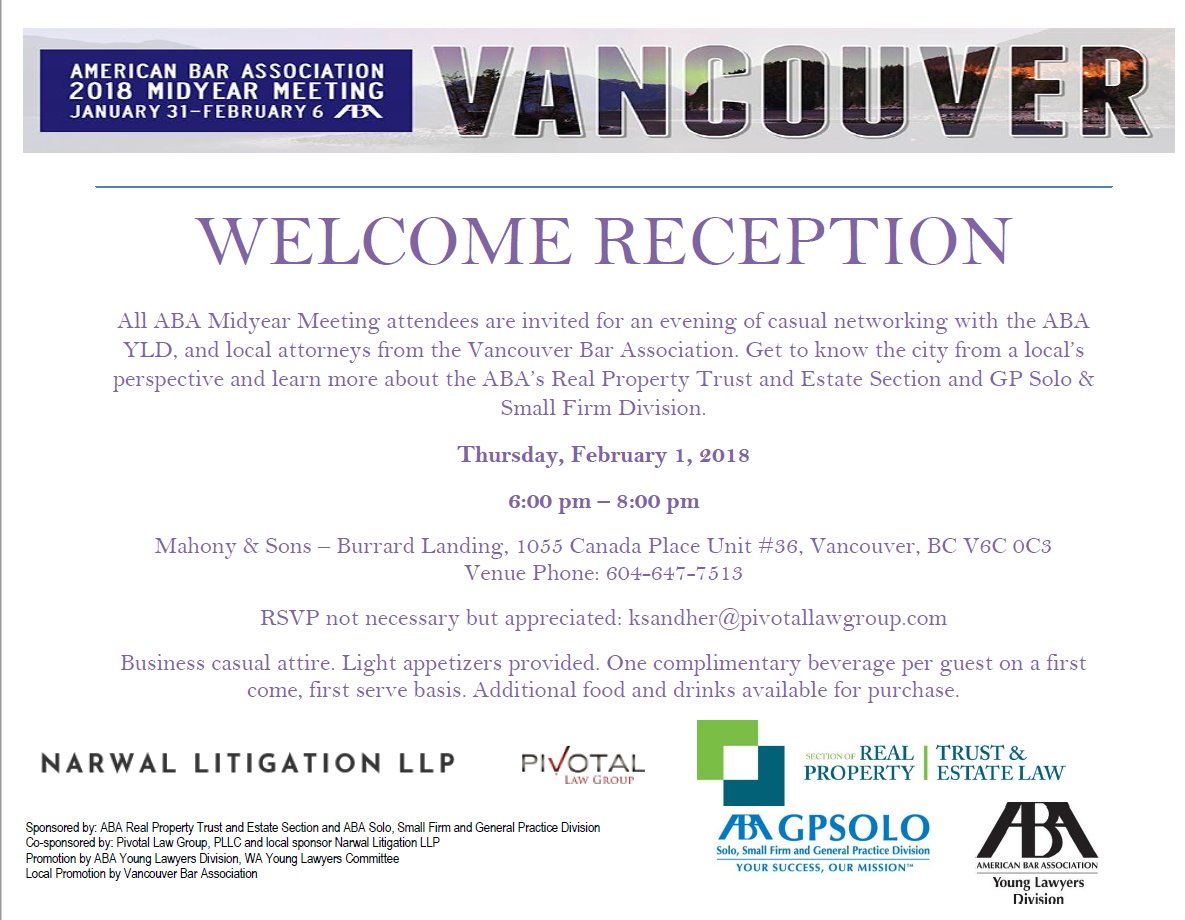 ABATIPSCOOLS's tweet photo. Join @ABAYLD @rptelaw @ABAGPSolo 4 welcome reception @MahonyAndSons Canada Place, Thu. Feb. 1 @ABAesq #ABAMidyear #Vancouver https://t.co/t8acGrCE8G