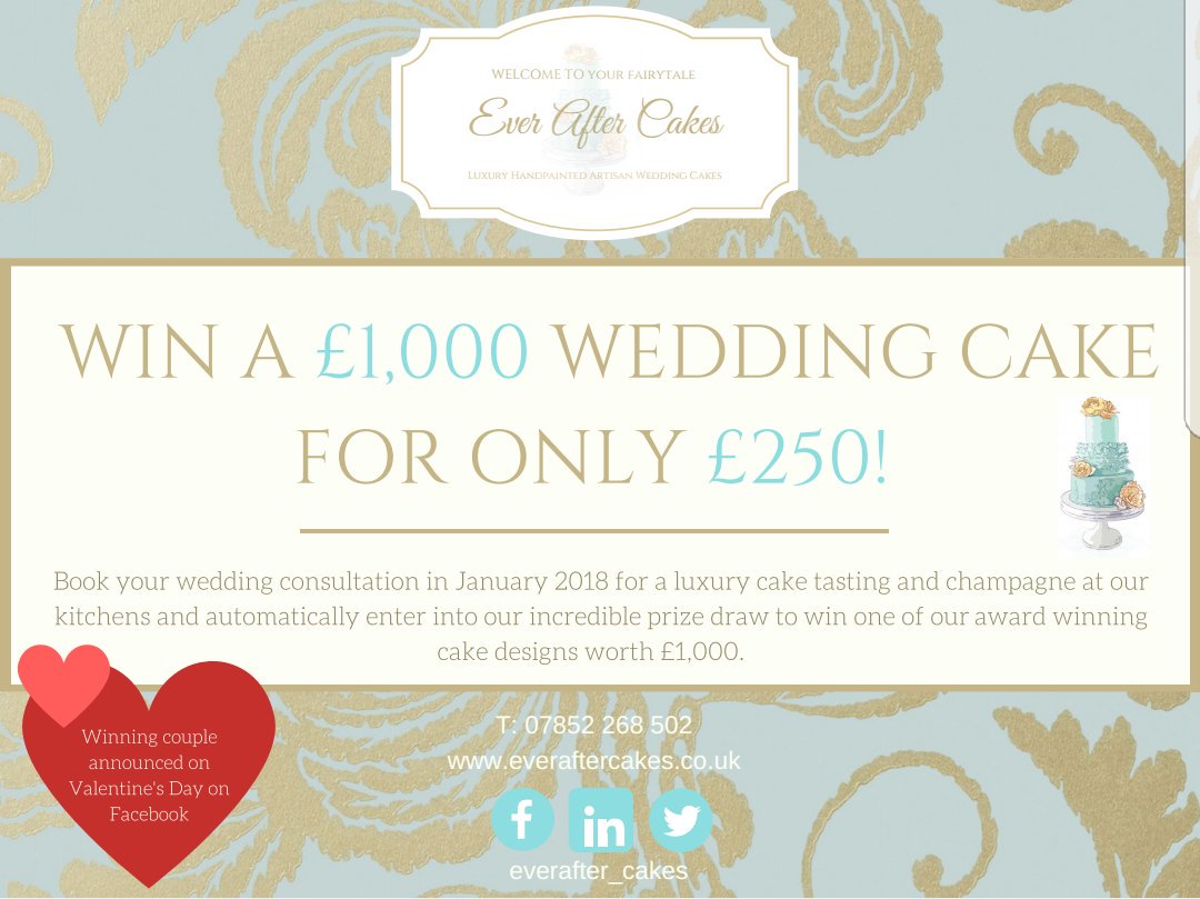 We're running an amazing January offer for 2018/19 couples! Have your #cake &amp; champagne tasting this month &amp; automatically enter to win a £1000 design for only £250! Winner announced on social media on #ValentinesDay 
Good luck! #FridayFeeling #weddinghour #london #Competition