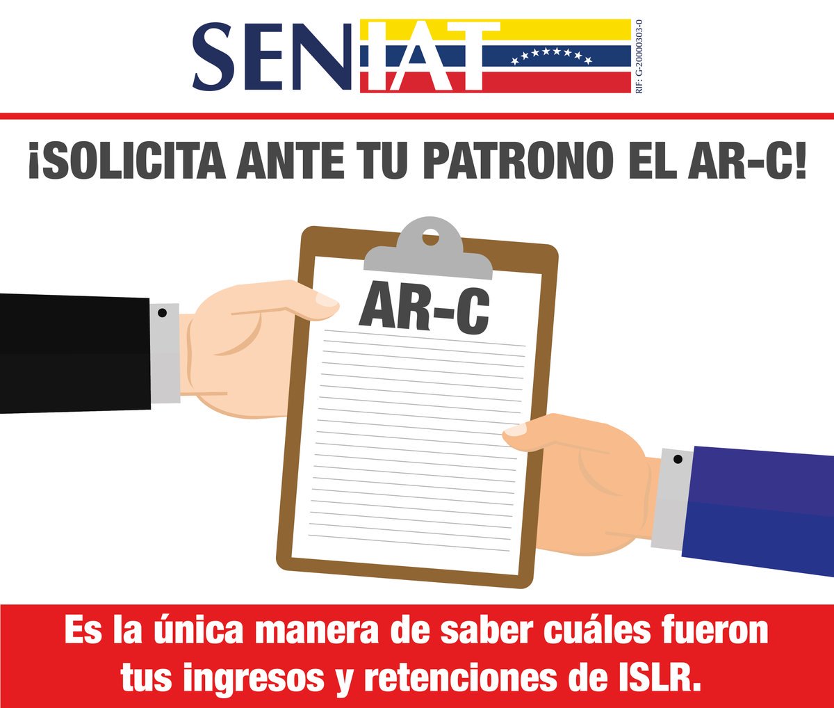 SENIAT_Oficial's tweet photo. Recuerde solicitar tu ARC "comprobante de retención" y tenerlo a la mano a la hora de realizar tu declaración de #ISLR

#ContribuyeConVenezuela 
#SeniatEsPatria

 https://t.co/oZxzFpMLW2
