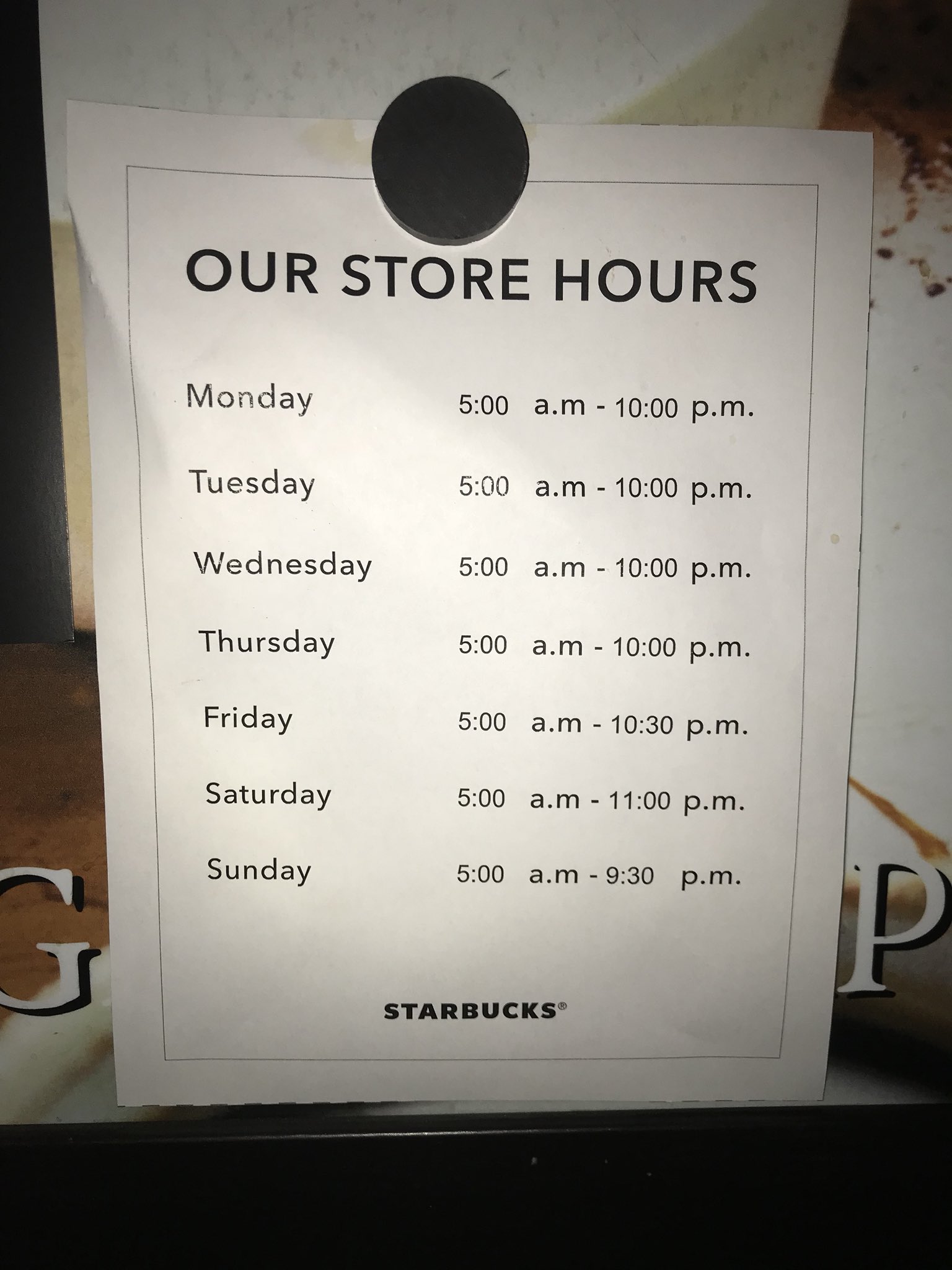 Westgate Starbucks on Twitter: "Our store hours have changed! Starting today, we will now be closing at 10:30 Fridays and 9:30 on Sundays! https://t.co/VGoIWvAsWb" / Twitter