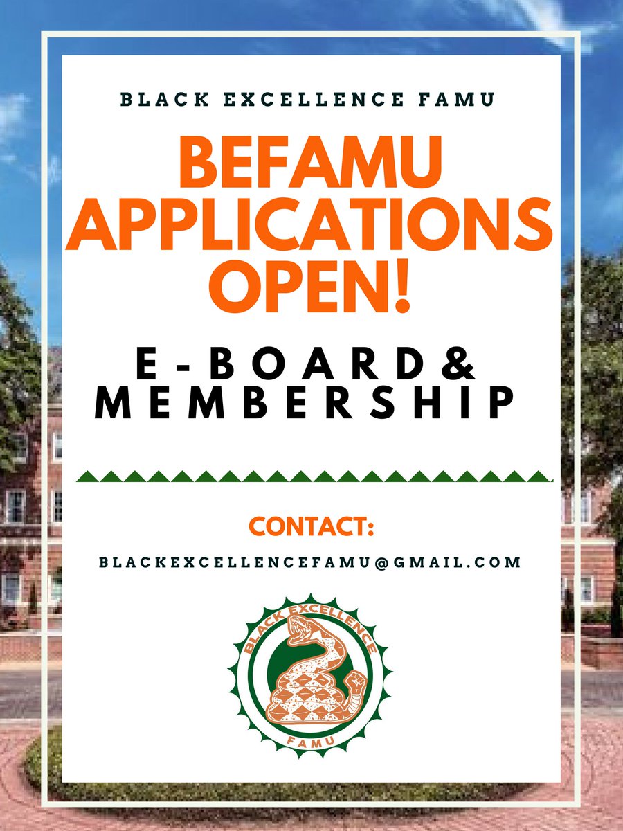 benewsfamu's tweet photo. Interested in being part of Black Excellence at FAMU? Join our team! BEFAMU is a new organization &amp; we have so much in store for the new year. We need you! APPLY! Application link is in @BEFAMU bio. 🐍✊🏾

#FAMU #BEFAMU #BlackExcellence https://t.co/n4axqfNX65