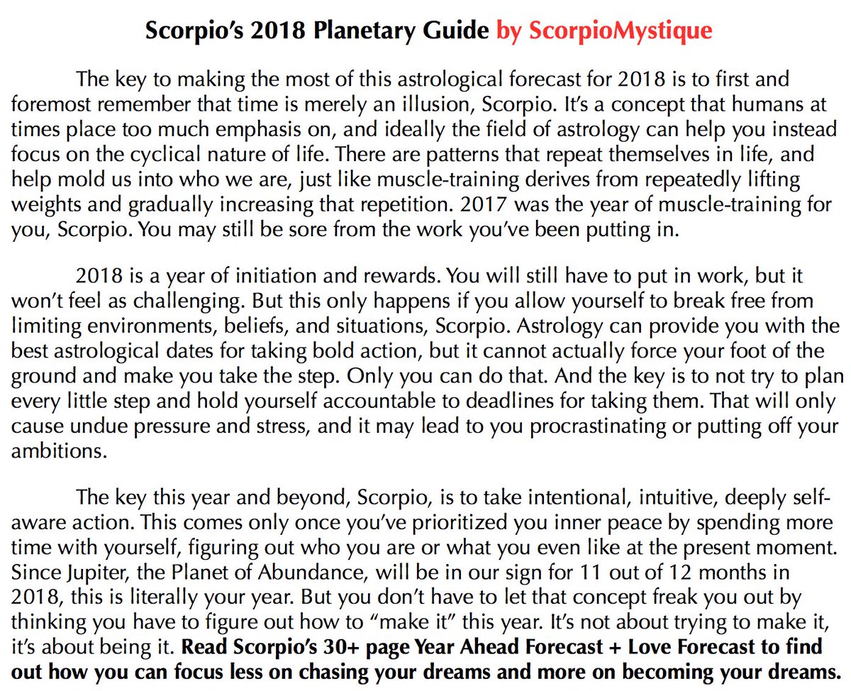 ScorpioMystique's tweet photo. what if you had a secret weapon that allowed you to know the key dates to slay the year? I got you!! #Scorpio’s 2018 #PlanetaryGuide is now available 🤗 enjoy the sneak peek below and get the 30+ page forecast & bonus love Forecast at https://t.co/X7uDBd21t9 ♏️❤️✨ https://t.co/FxgZeWGzn8