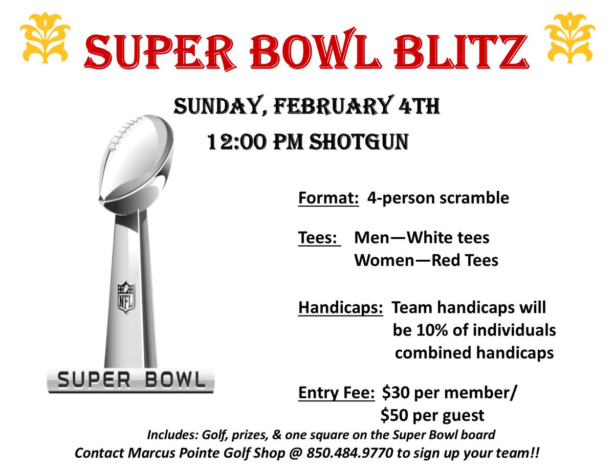 Marcus_PointeGC's tweet photo. New Event Alert!!! Get your team together and sign up for the Super Bowl Blitz! Don't play golf?  Come for the Super Bowl Watch Party!  #superbowl2018 #playgolf #havefun https://t.co/6YVLSQTngQ