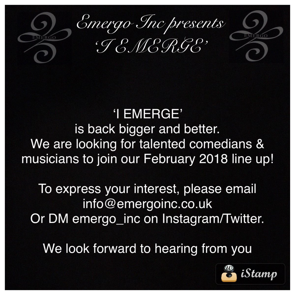 Emergo_Inc's tweet photo. @Emergo_Inc presents #IEmerge February 2018. If you’re a comedian or musician DM us now to perform at our next show!!! We can’t wait to hear from you😉 https://t.co/hX0V9AVhy2