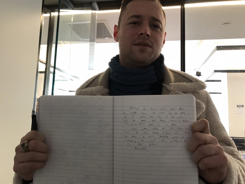 mattykirsch's tweet photo. There are certain things in life I truly cherish. Like when @RichWCampbell writes a script for an upcoming show when I asked him too. Thank you buddy! #blessed #sweetjacket #cantreadhiswriting #hilarious https://t.co/kPbg5Q5ePX