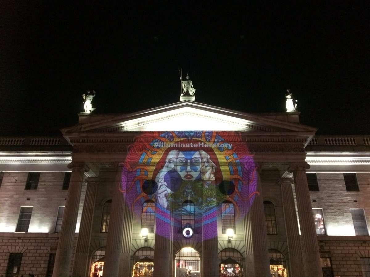 HerstoryIreland's tweet image. Ancient goddesses and lost feminine wisdom resurrected by artist Courtney Davis on the #GPO in Dublin City. Bazooka #IlluminateHerstory show by the awesome Ge0Pop #AncientsRising #NollaignamBan