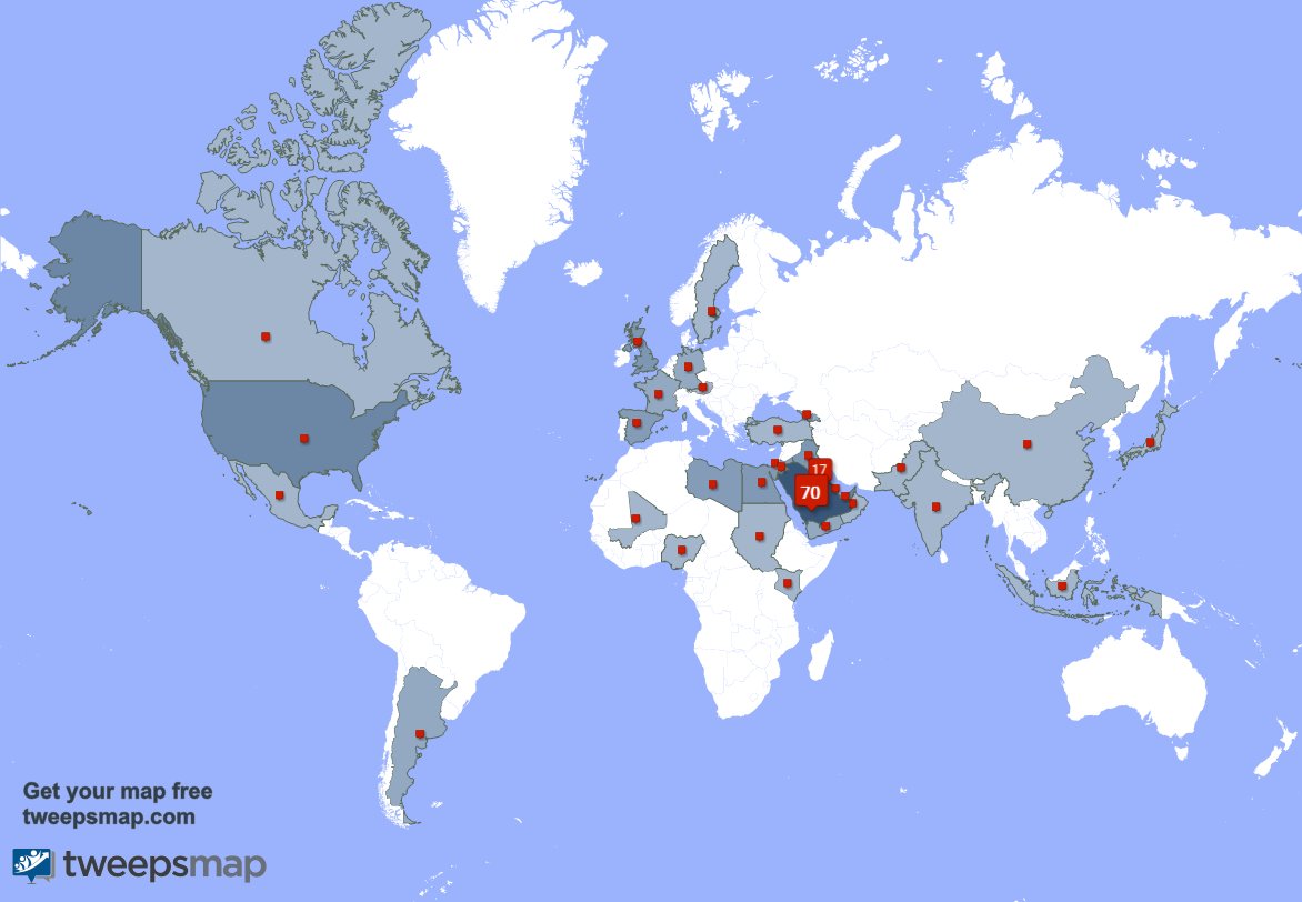 soomaa36981's tweet photo. My followers are in Saudi Arabia(70%), Kuwait(17%)... Get your map too: https://t.co/UB3JvdvRvT https://t.co/4JFJTdvbhJ
