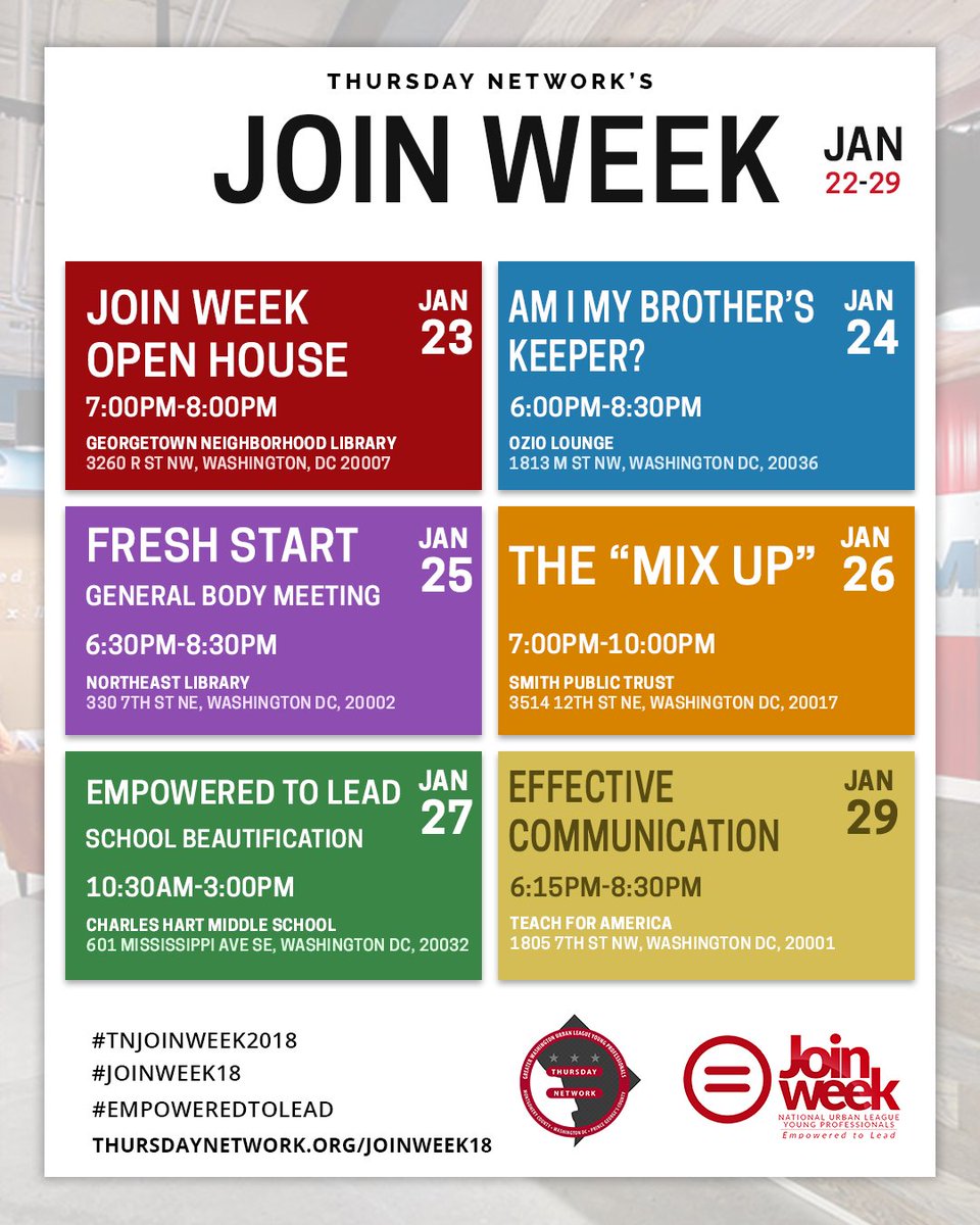 ThursdayNtwk's tweet photo. Always been interested in #ThursdayNetwork, but needed a push to join? Well you’re in luck!

From Jan 22 - 29, we will be hosting Join Week, a week packed with events that showcase the movement.

Info: https://t.co/xGgeT5apz3

#TNJoinWeek2018 #EmpoweredToLead #NULYP #JoinWeek18 https://t.co/YrHTFA7k97