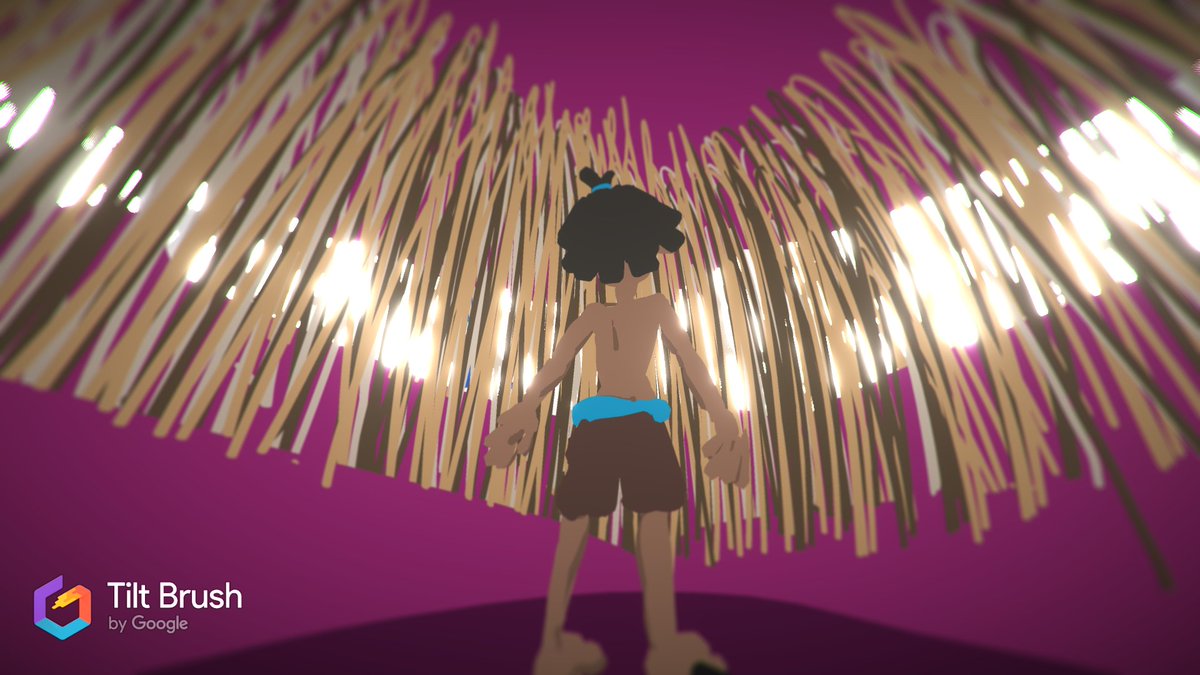 VR_Rosie's tweet photo. Some of my #VR #storyboard panels made in @tiltbrush for my VR animation app Hopi of the sea! These panels were picked out by my 8yr old brother. 💙 Using #Tiltbrush for the pre-production of VR animation speeds my workflow up massively 🙌 #screenshotsaturday #gamedev https://t.co/MM616D2a7l