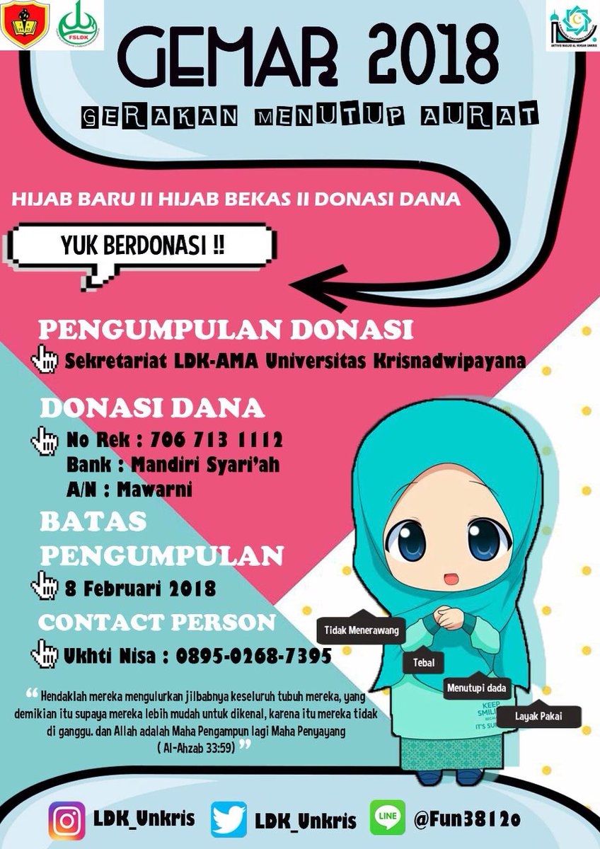 ldk_Unkris's tweet photo. Assalamu'alaikum,
🌷GEMAR 2018 (Gerakan Menutup Aurat)🌷
.
.
Mau tau cara berpartisinya gimana ?
❇Donasi Dana 💰
❇Donasi Hijab (Baru / Bekas) 🧕 https://t.co/2JB6MScShi
