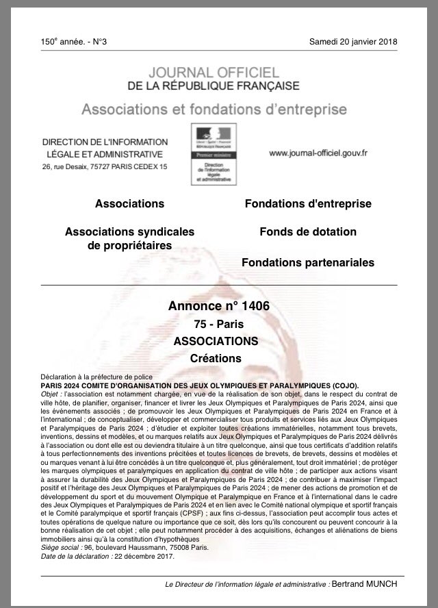Paris2024's tweet photo. L'association COJO #Paris2024 est née 🎂ce matin #JournalOfficiel https://t.co/83RNO8ZYqJ