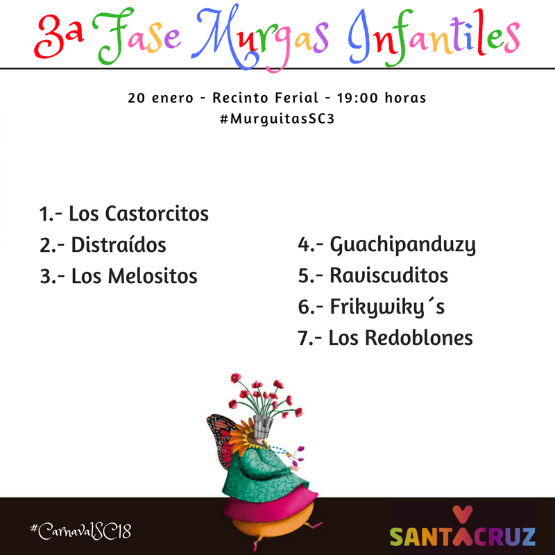 SCenCarnaval's tweet photo. Hoy tercera y última fase del concurso de Murgas Infantiles #CarnavalSC18, que contará con @MCastorcitos #Distraídos #Melositos @guachipanduzy1 @Raviscuditos #Frikywiky´s y #Redoblones.
Al finalizar se conocerá la identidad de las ganadoras.
#MurguitasSC3 #CarnavalSC18 https://t.co/3BpBOUMWsh