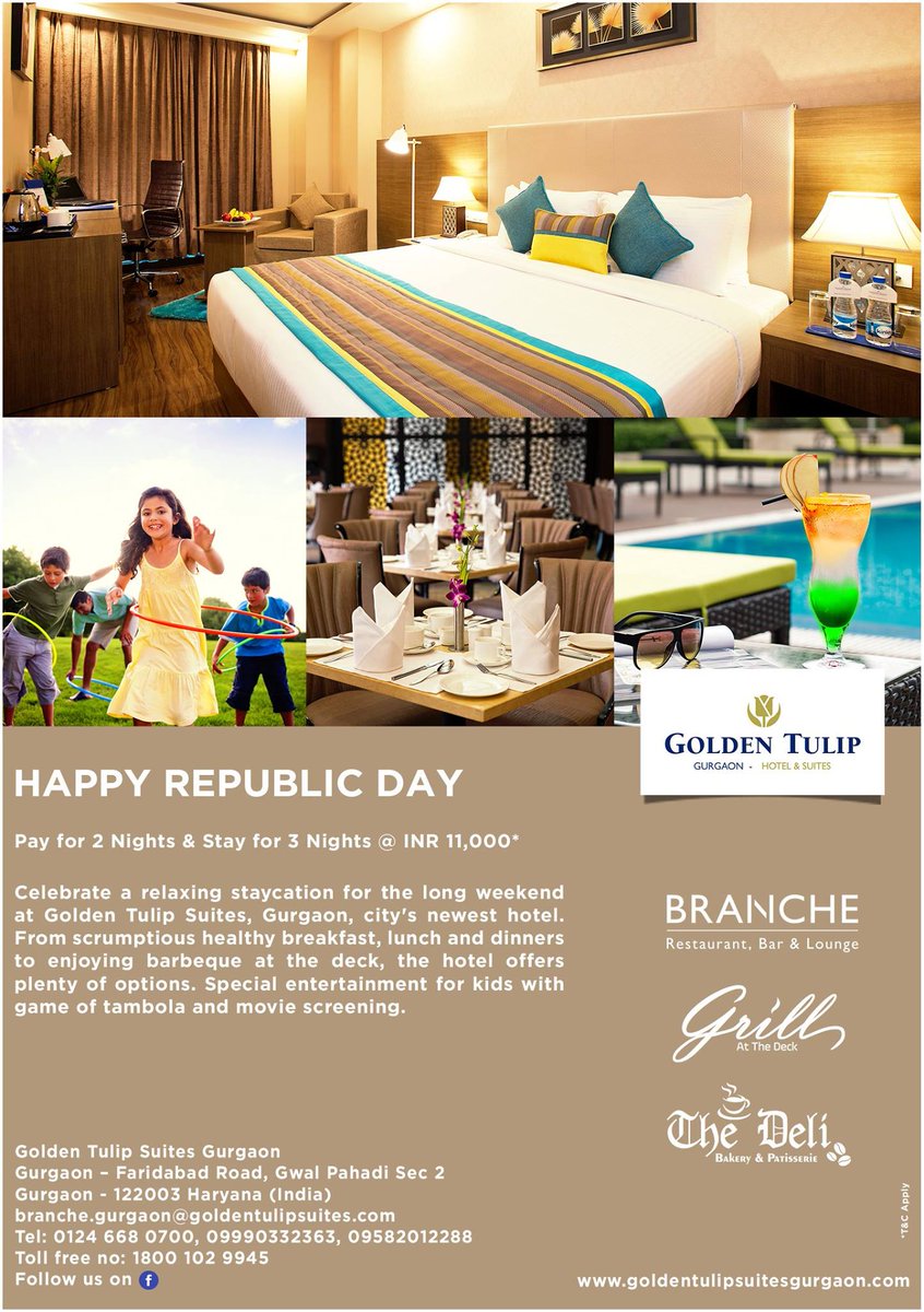 GoldenTulipInd's tweet photo. Celebrate #RepublicDay with your family and friends at Golden Tulip Suites Gurgaon​. For reservations, please call +91 9990332363. 
#GoldenTulip #Suites #Gurgaon #RepublicDay #package https://t.co/lOQUkdGsIb