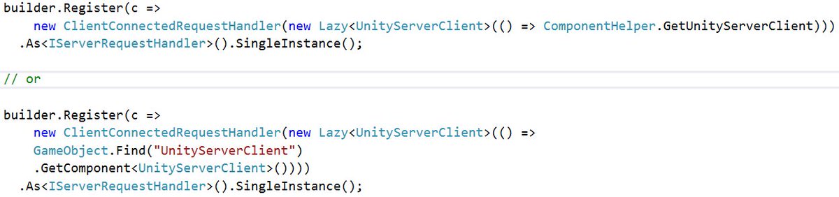 FilipDev's tweet image. Did you ever injected your #unity3d game objects through autofac?
Would you like more non-common dependency injection scenarios?
#gamedev #indiegamedev #morethegame #gamgoo