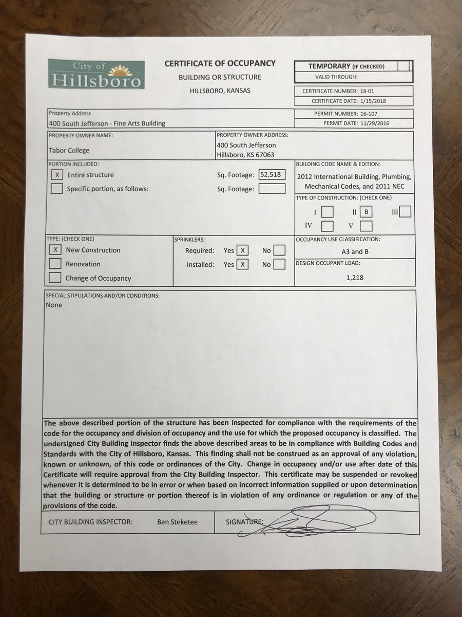 It’s official. Back in office after being on the road and greeted with this much longed for signed document granting <a href="/TaborCollege/">Tabor College</a> permanent occupancy for Shari Flaming Center for the Arts. And it will be debt free. Thank you all.