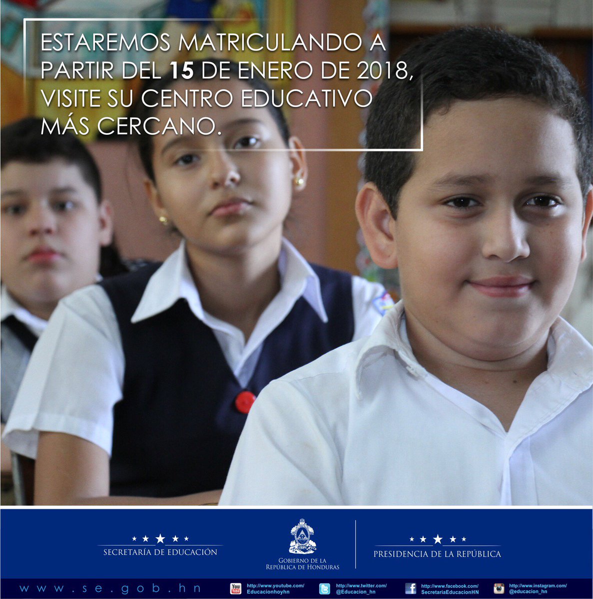 📝📇 Recuerda, estamos en período de matrícula en los 23 mil centros educativos a nivel nacional en los niveles de prebásica, básica y media. 

@EyC_HND <a href="/Presidencia_HN/">Casa Presidencial</a> <a href="/JuanOrlandoH/">Juan Orlando Hernández</a> <a href="/anagarciacarias/">Ana García de Hernández</a>
