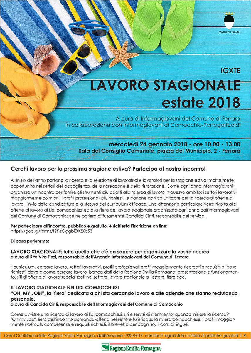 IGXTE - LAVORO STAGIONALE: se cerchi lavoro per la prossima stagione estiva, partecipa al nostro incontro! mercoledì 24 gennaio, 10-13, Sala del Consiglio Comunale, piazza del Municipio, 2 - Ferrara
E' richiesta l'iscrizione (gratuita): goo.gl/forms/tSt1sOgg…
<a href="/massmaisto/">massimo maisto</a> <a href="/lavoro/">Offerte di Lavoro</a>