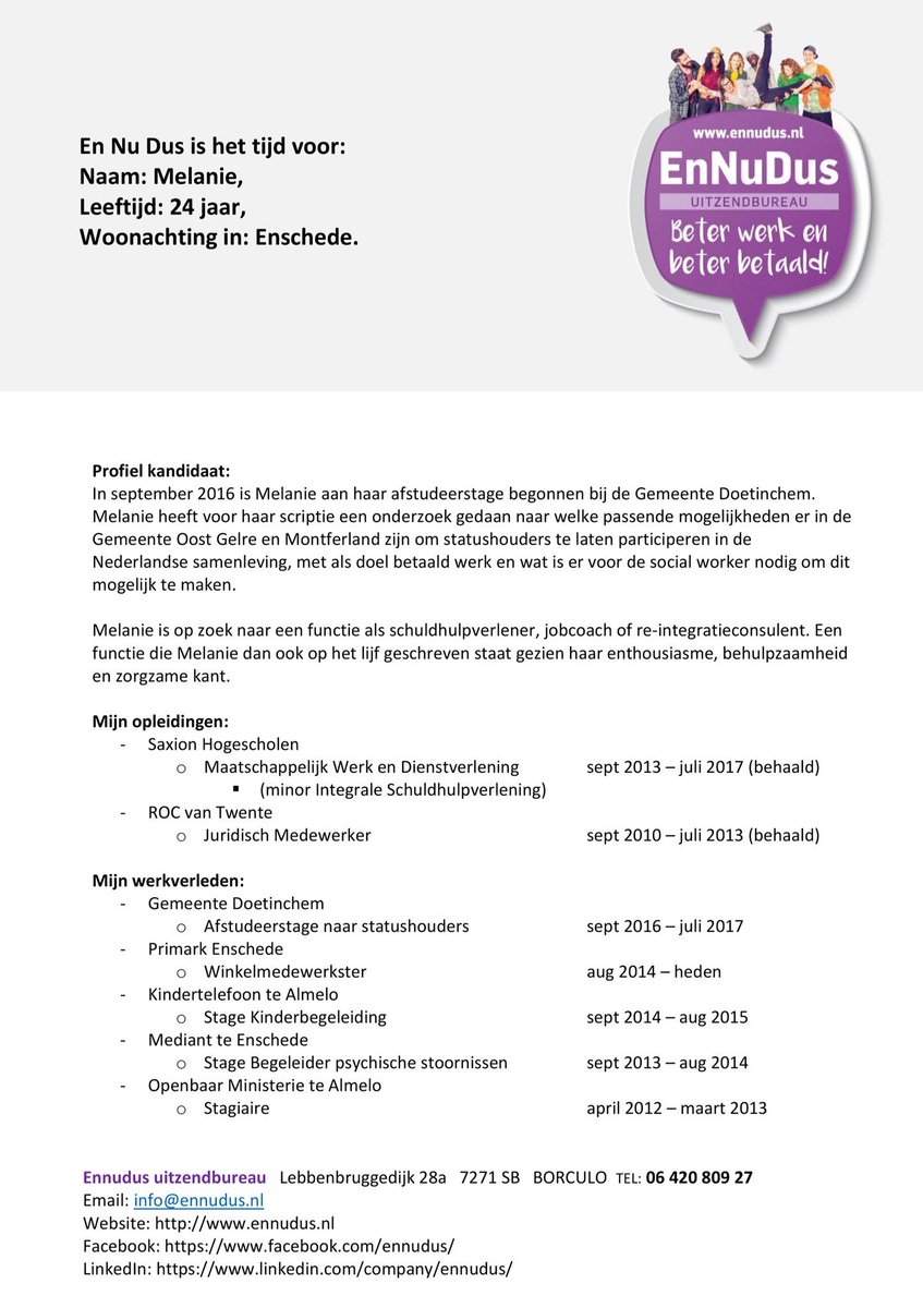 EnNuDus tijd voor Melanie! Per direct beschikbaar voor functies als: #reintegratieconsulent #statushouders #jobcoach #schuldhulpverlening #MWD