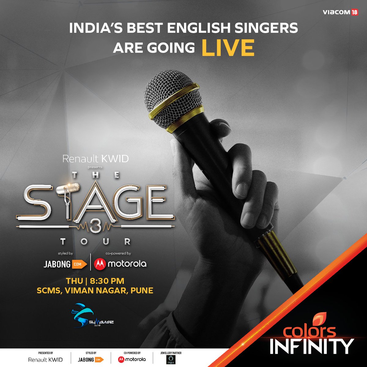 colors_infinity's tweet photo. #TheStage3Tour is here!
Catch the winner of @RenaultIndia presents #TheStage3 - @classickidsid LIVE in performance along with @Arishb97 @SinghShaurya44 @OorgunYolo & @ZoeSiddharth
Tonight | 8.30 PM | #SCMS #Pune https://t.co/ESB4HzOAlE