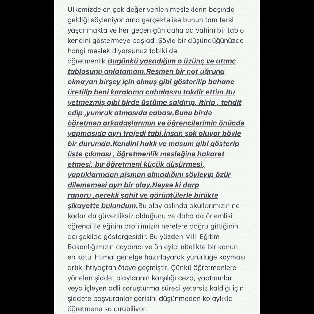 Bir öğretmenin kaleminden... Kendini bilmez bir veli tarafından saldırıya uğrayan Bengisu öğretmen yalnız değildir. Öğretmene şiddete hayır !
#bengisuöğretmenyalnızdeğildir 
Arkadaşlar tage destek olalım paylaşalım paylaştıralım sessiz kalmayalım.

#bengisuöğretmenyalnızdeğildir