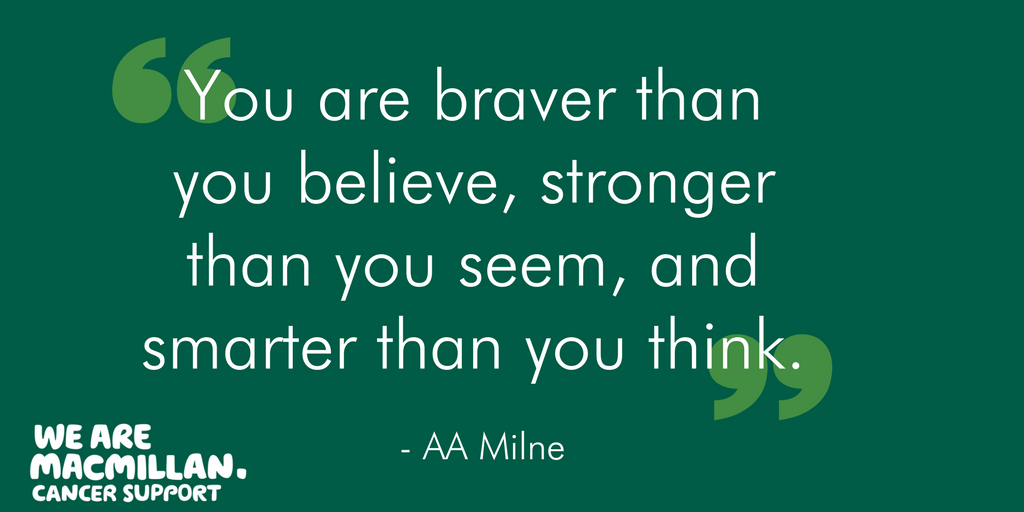 macmillancancer's tweet photo. There's no better day than today to remind yourself that 'you are smarter than you believe, stronger than you seem, and smarter than you think'. #WinnieThePoohDay 💚 https://t.co/RYfPAGbbho