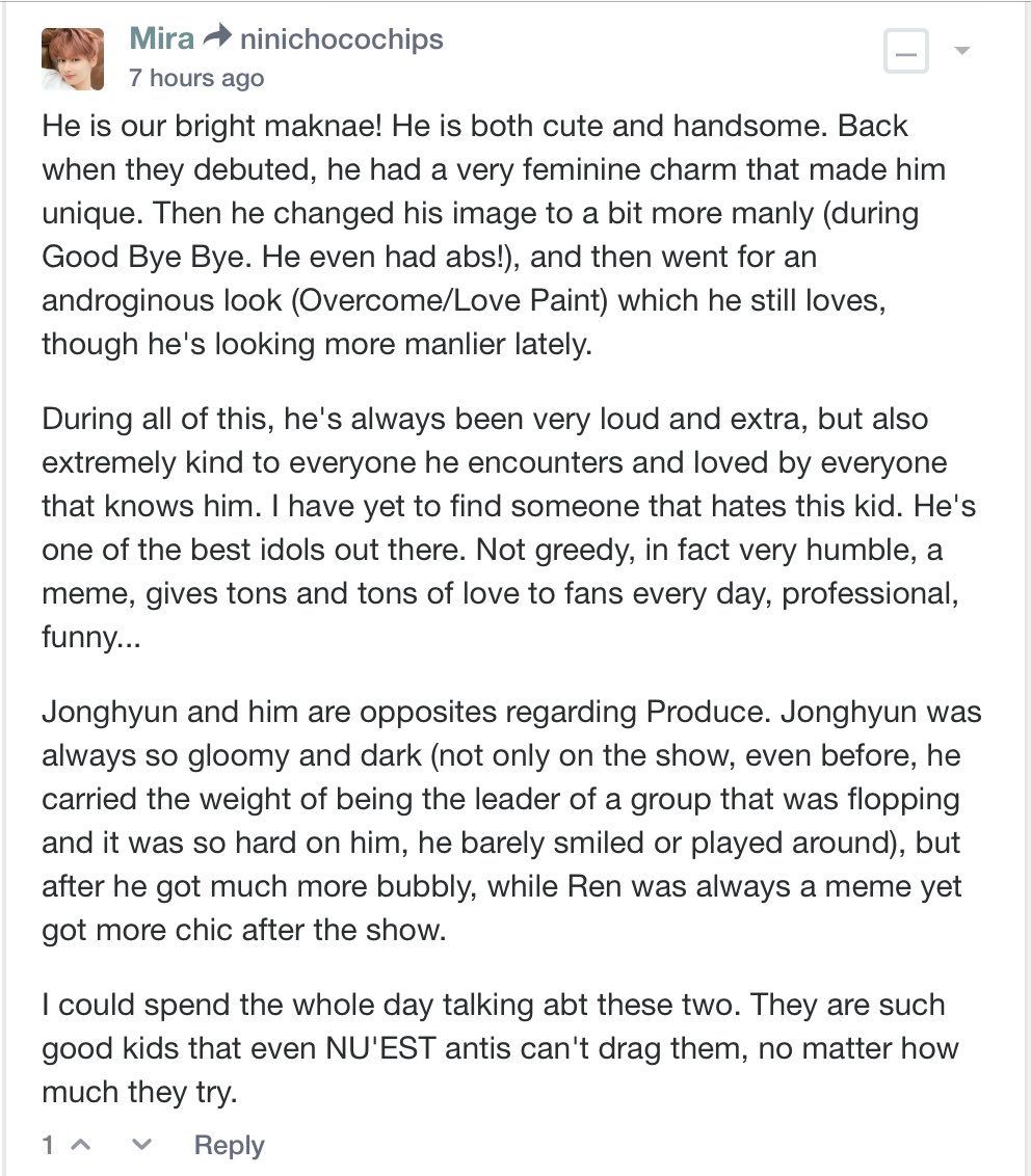 JRbugidan's tweet photo. Reading the comments under Ren's post on Pannchoa is tearing me up 😭. It was just one question, but everyone wrote an essay (I did too haha) I love this fandom ❤️️ #뉴이스트W #NUEST_W https://t.co/g4FzN76XP7