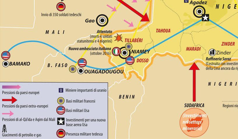 La Camera ha approvato l'invio di 470 soldati in Niger, paese dove competono gli interessi di Francia, Germania, Usa, Cina, India e Sudafrica. Sono illustrati in questa carta di @lauracanali2: buff.ly/2DJMHgL