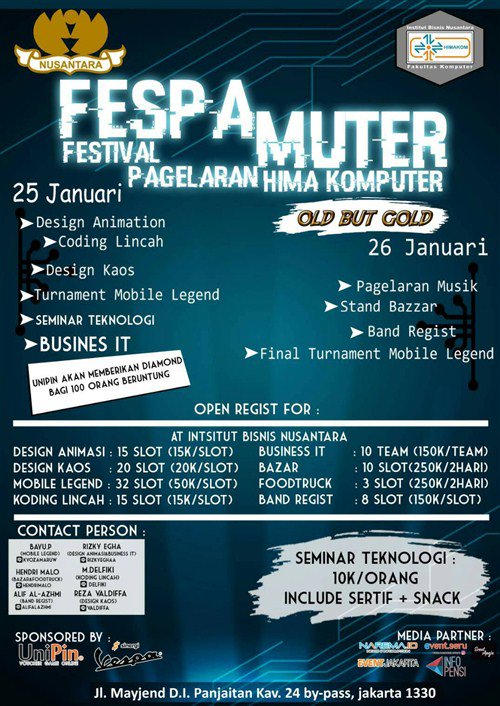 “FESPAMUTER” (Festival Pagelaran Hima Komputer) | 25-26 Januari 2018 @ Institut Bisnis Nusantara, Jl.Mayjend D.I.  Panjaitan  Kav.24 by-pass  Jakarta Timur | <a href="/Himakom_IBN/">Hima Komputer Institut Bisnis Nusantara</a>