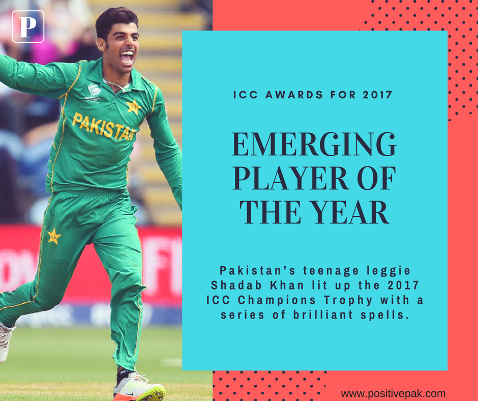 positivepak47's tweet photo. #Emerging Player of the Year - Pakistan’s teenage leggie #ShadabKhan lit up the 2017 #ICC Champions Trophy with a series of brilliant spells. #ICCAwards #Pakistan #PositivePak https://t.co/Kr6tUIiqEC