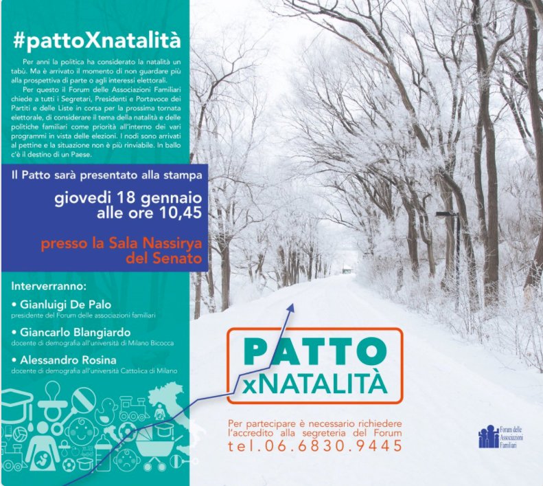 FAFCEInfo's tweet photo. The demographic winter is a challenge for all European Countries. Today our member in #Italy, @ForumFamiglie, proposes a pact for #natality to all political forces in the view of next general election. 

#pattoXnatalità https://t.co/RabYEG8zb7