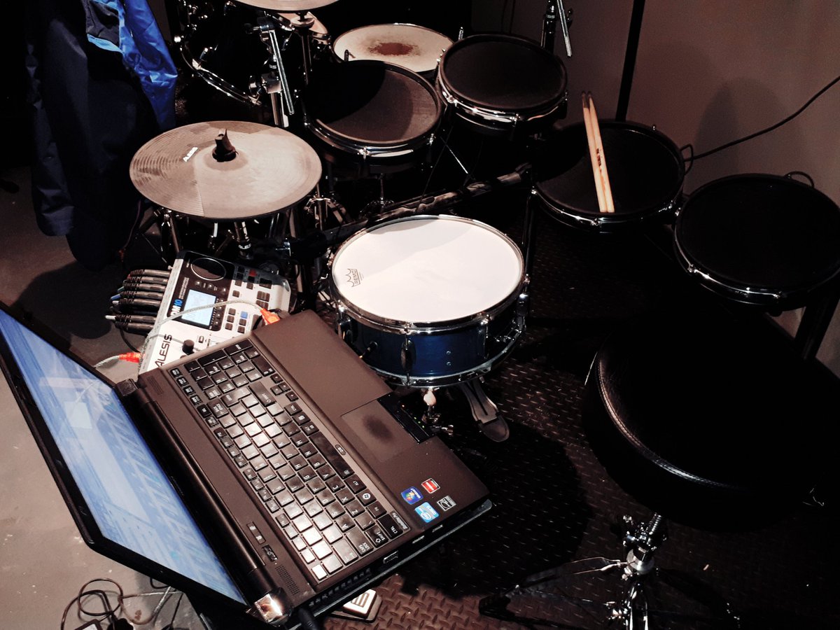 Recording drum tracks for my band <a href="/FallenTemples/">Fallen Temples</a>, with my <a href="/Alesis/">Alesis</a> DM10X Mesh kit and custom electric snare build last night! Still friggin love this setup 🤘 #drummers_do_electric_too